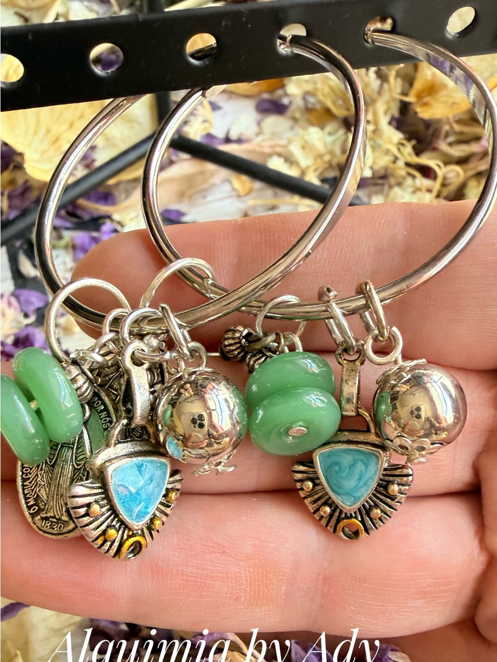 Alquimia Silver Hoop Earrings with Green Beads & Turquoise Heart Charms